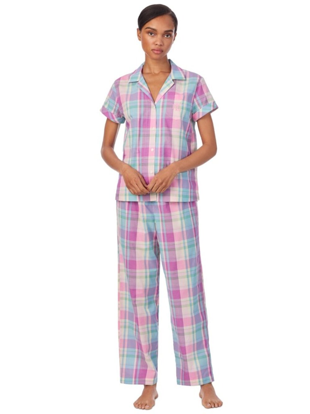 #1993 Lauren Ralph Lauren 2-Pc. Short-Sleeve Notch-Collar Ankle-Pant Pajama Set